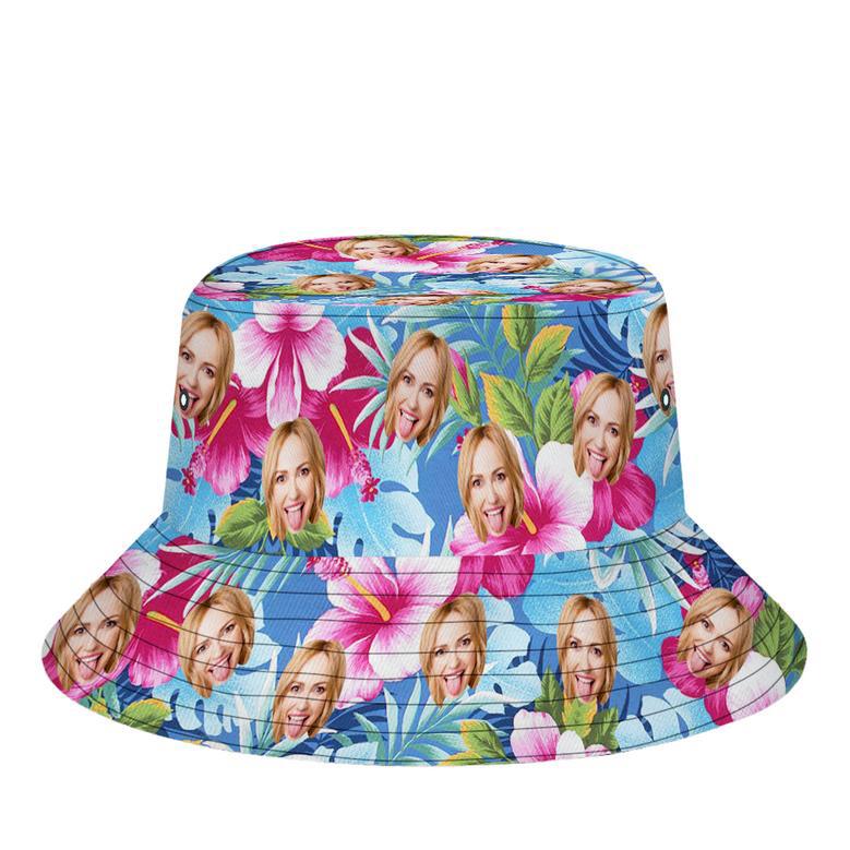 Custom Bucket Hat Personalized Face All Over Print Tropical Flower Print Hawaiian Fisherman Hat - Pink Flowers