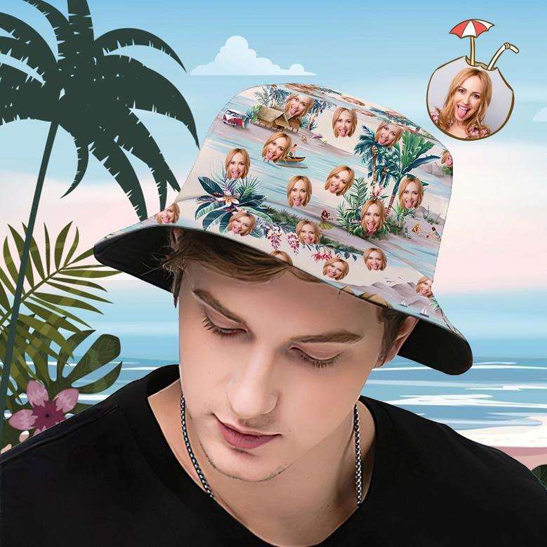 Custom Bucket Hat Personalized Face All Over Print Tropical Flower Print Hawaiian Fisherman Hat - Sea View