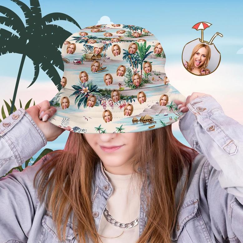 Custom Bucket Hat Personalized Face All Over Print Tropical Flower Print Hawaiian Fisherman Hat - Sea View