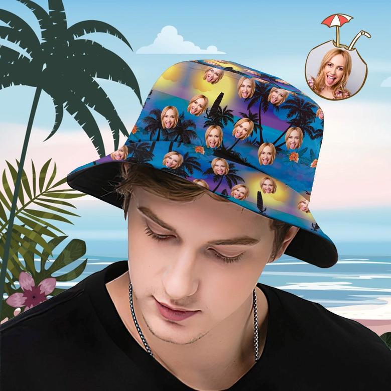 Custom Bucket Hat Personalized Face All Over Print Tropical Flower Print Hawaiian Fisherman Hat - Seaside At Dusk