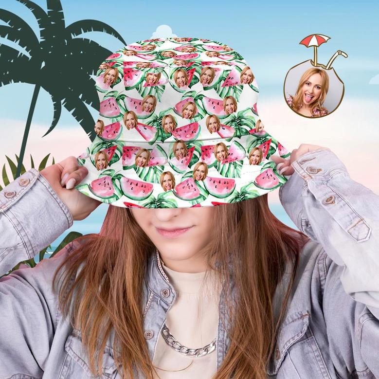 Custom Bucket Hat Personalized Face All Over Print Tropical Flower Print Hawaiian Fisherman Hat - Watermelon