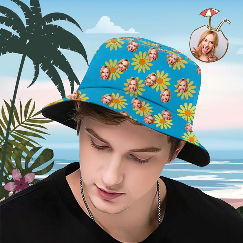 Custom Bucket Hat Personalized Face All Over Print Tropical Flower Print Hawaiian Fisherman Hat - Yellow Flowers