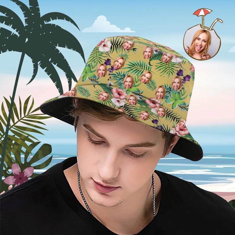 Custom Bucket Hat Personalized Face All Over Print Tropical Flower Print Hawaiian Fisherman Hat - Yellow