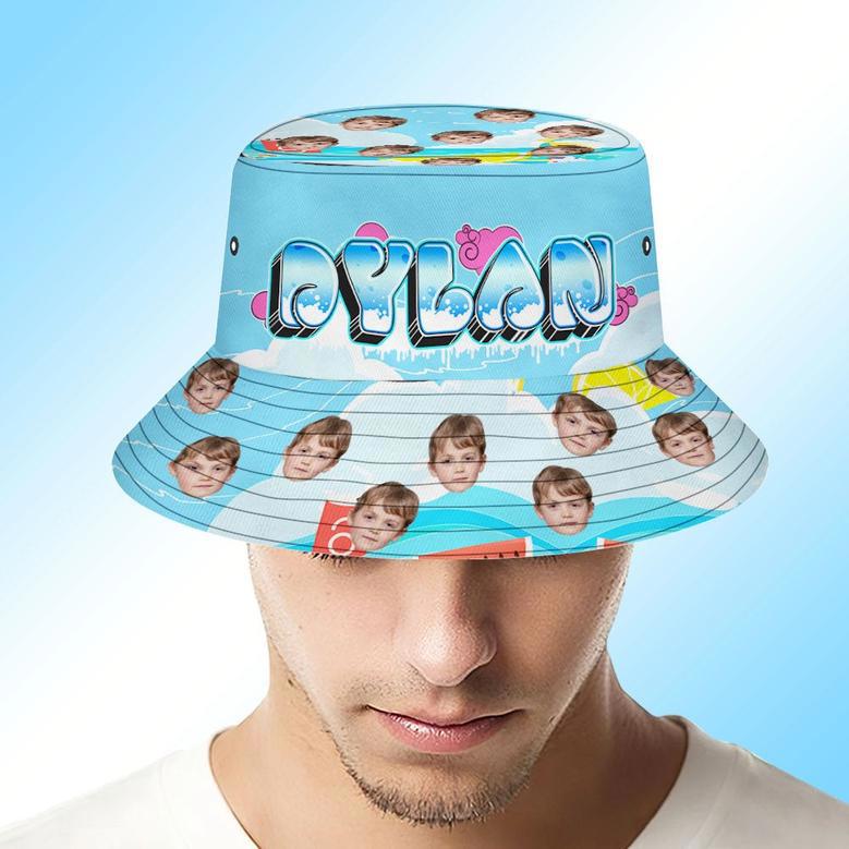 Custom Bucket Hat Unisex Face Bucket Hat Blue Personalized Wide Brim Outdoor Summer Cap