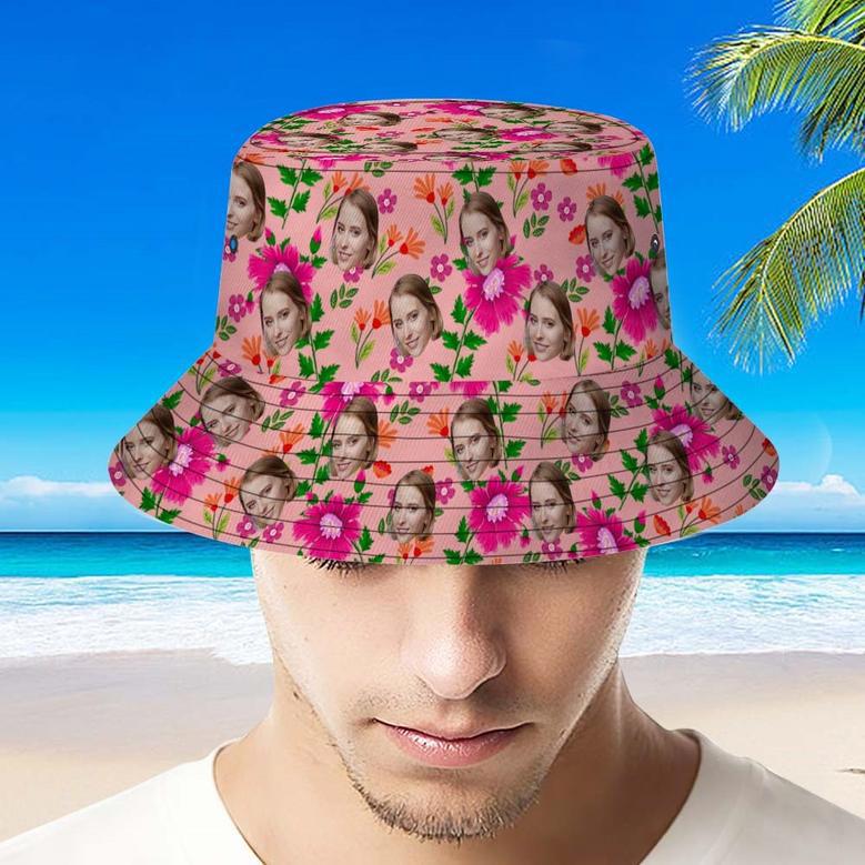 Custom Bucket Hat Unisex Face Bucket Hat Pink Flowers And Green Leaves