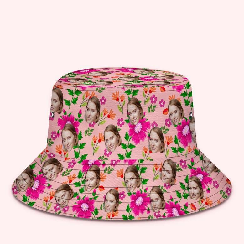 Custom Bucket Hat Unisex Face Bucket Hat Pink Flowers And Green Leaves