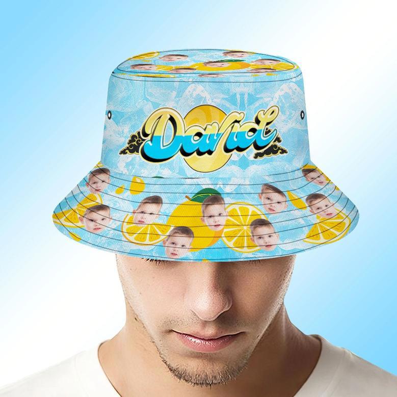 Custom Bucket Hat Unisex Face Bucket Hats Personalized Photo And Name Summer Blue Hats