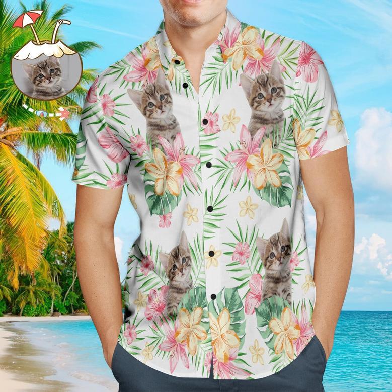 Custom Cat Face Men's Hawaiian Shirts With Pink Flower For Pet Lover