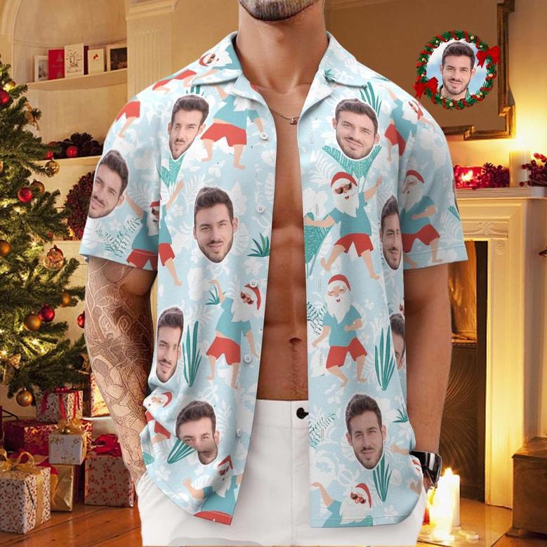 Custom Face All Over Print Men's Hawaiian Shirt Cheerful Dancing Santa Christmas Hawaiian Shirt