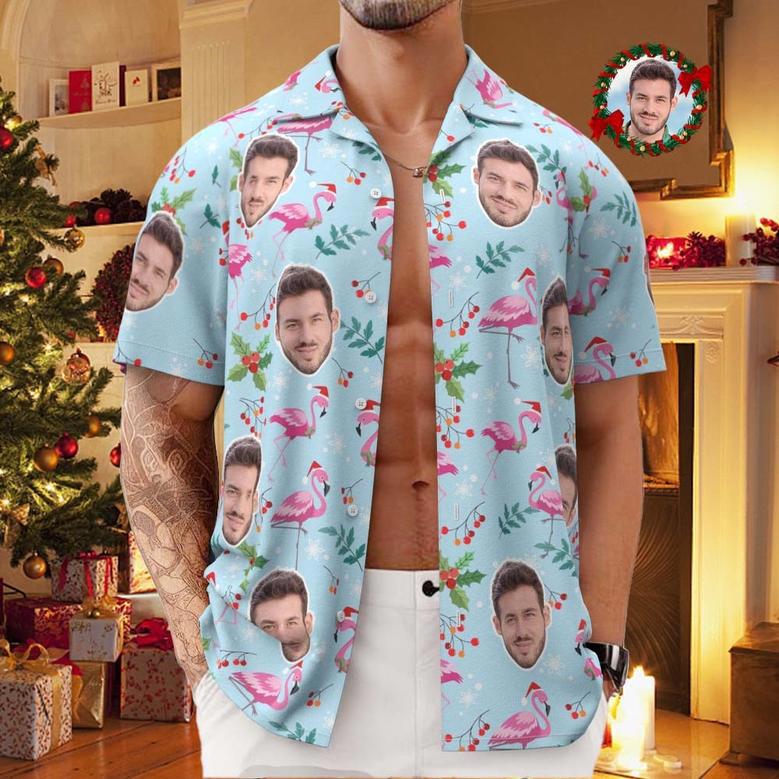 Custom Face All Over Print Men's Hawaiian Shirt Christmas Flamingo Seamless Pattern Hawaiian Shirt