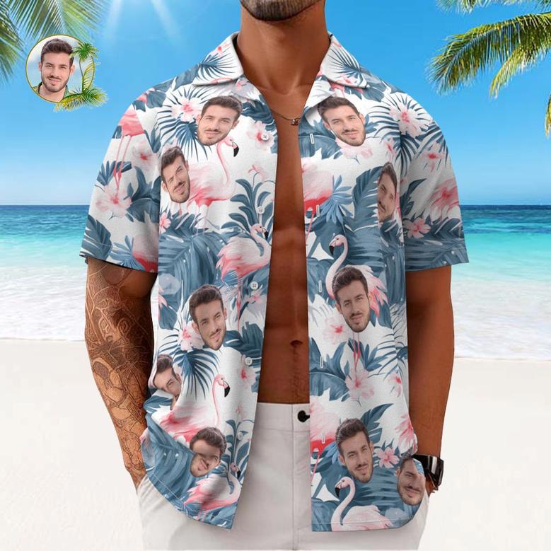 Custom Face All Over Print Men's Hawaiian Shirt Flamingo And Flowers Blue Leaves