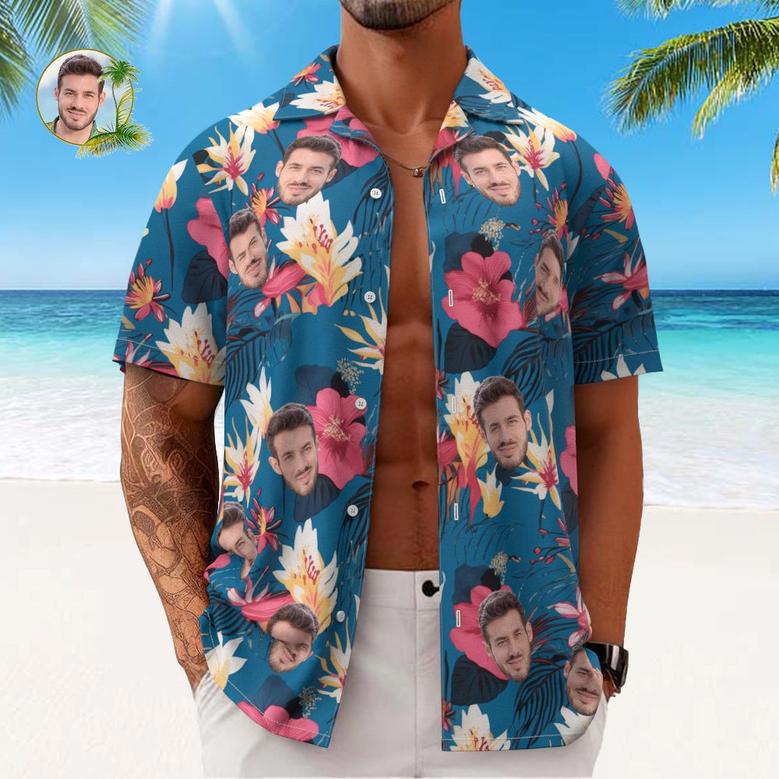 Custom Face All Over Print Men's Hawaiian Shirt Pink Flowers And Monstera Deliciosa