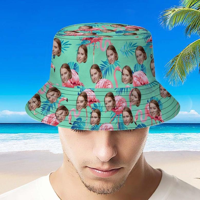 Custom Face Bucket Hat Flamingo Tropical Hat With Allover Printed Green And Palm Leaves