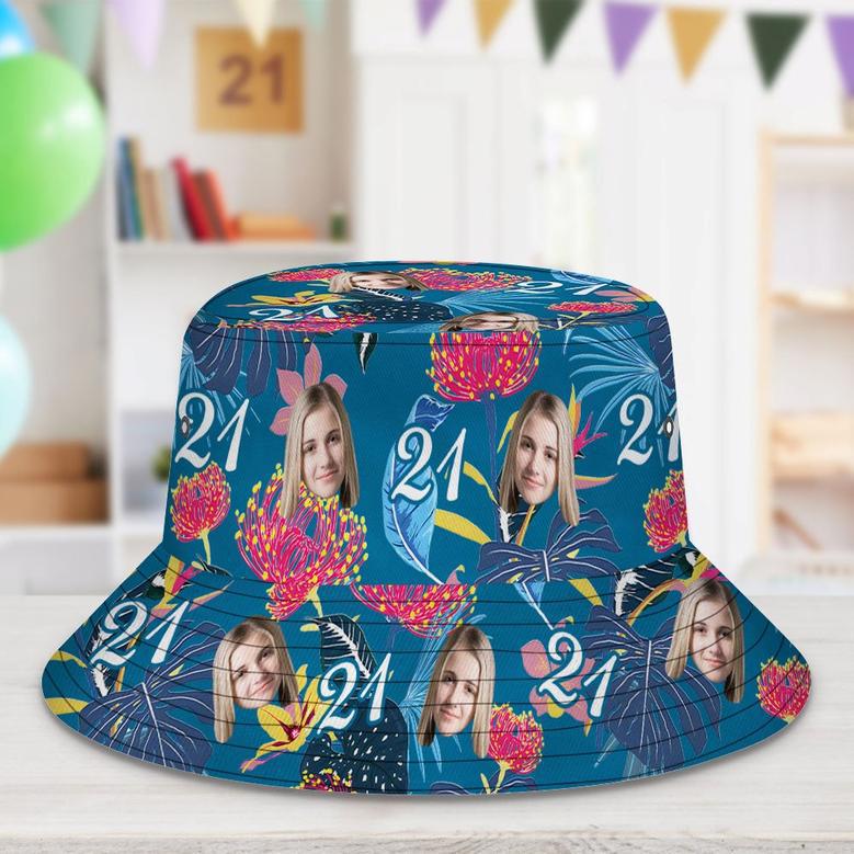 Custom Face Bucket Hat Number And Face Hat Dark Blue Sleeves And Pink Flowers