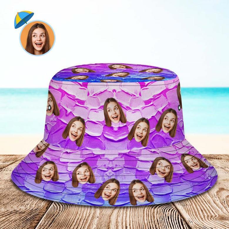 Custom Face Bucket Hat Personalized Wide Brim Outdoor Unisex Summer Hats Purple Oil Painting Style