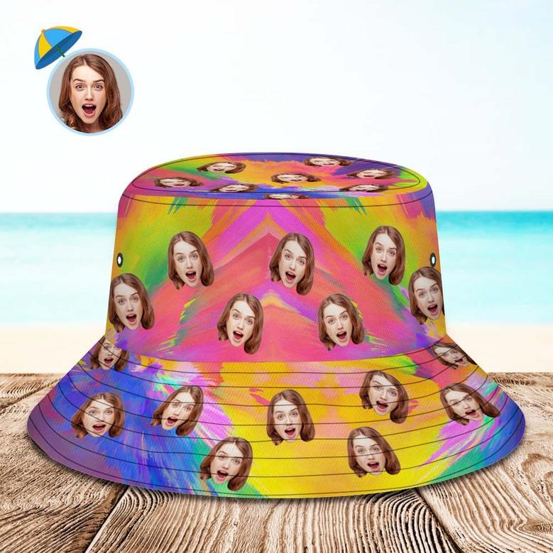 Custom Face Bucket Hat Unisex Personalized Wide Brim Outdoor Summer Hats Abstract Texture Purple Yellow And Pink