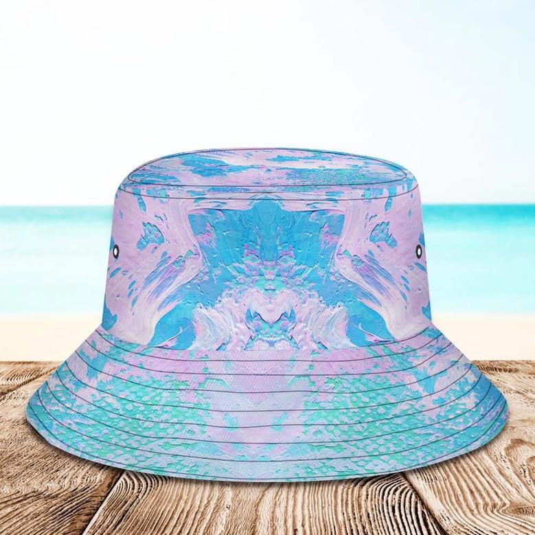 Custom Face Bucket Hat Unisex Personalized Wide Brim Outdoor Summer Hats Blue And Pink Oil Painting Style