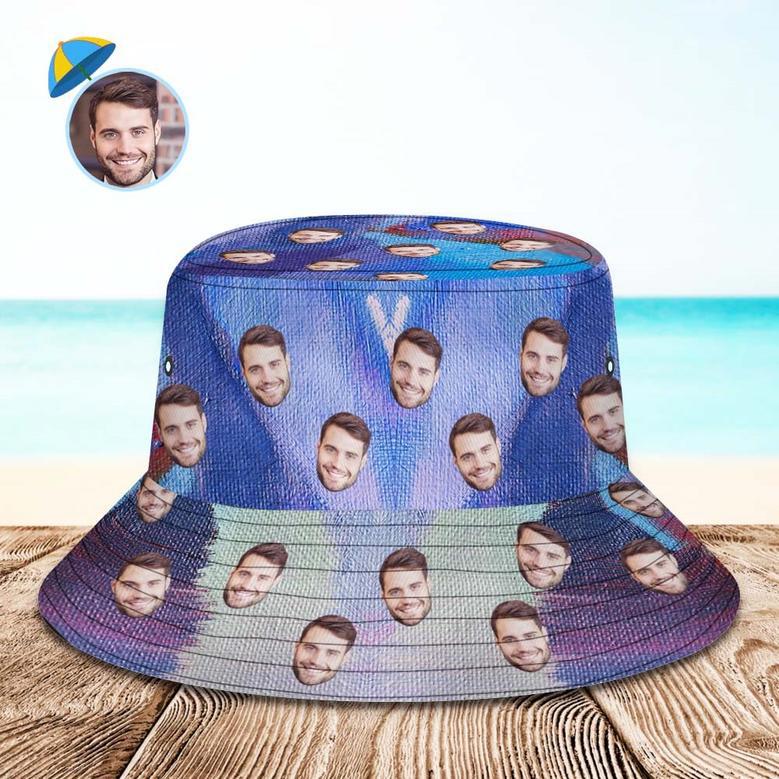 Custom Face Bucket Hat Unisex Personalized Wide Brim Outdoor Summer Hats Blue And Purple Oil Painting Style