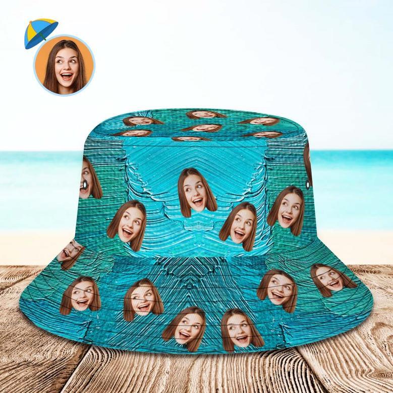 Custom Face Bucket Hat Unisex Personalized Wide Brim Outdoor Summer Hats Blue-Green Oil Painting Style