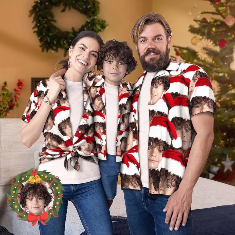 Custom Face Family Matching Hawaiian Outfit Christmas Pool Party Parent-Child Wears - Santa Face Mash