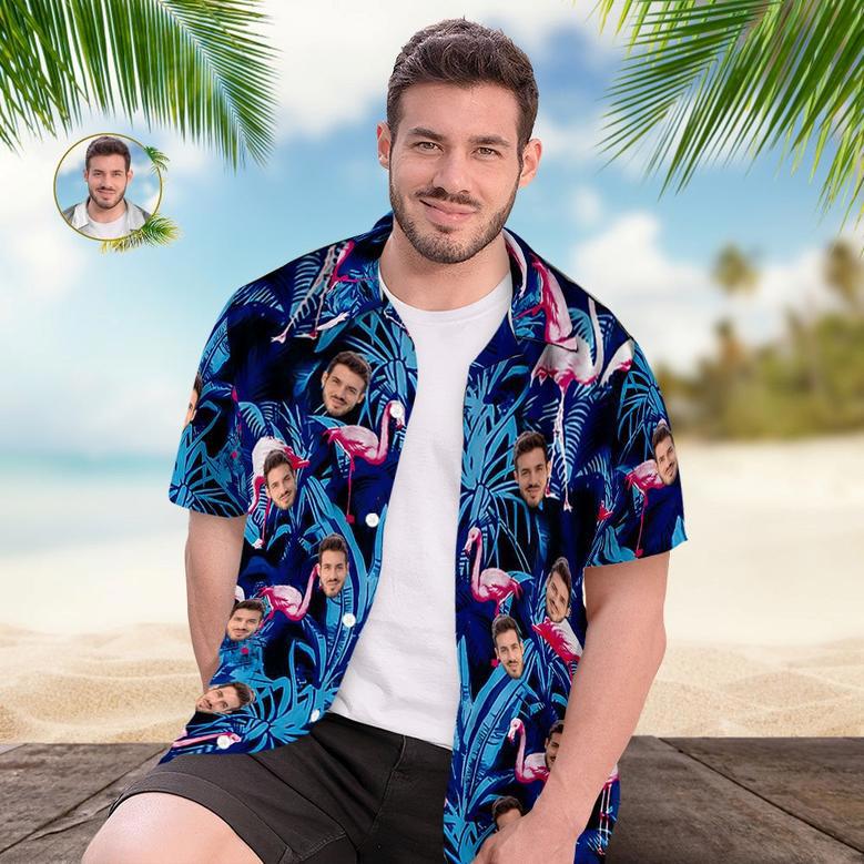 Custom Face Hawaiian Shirt Blue Leaf Flamingo Photo Hawaiian Shirt