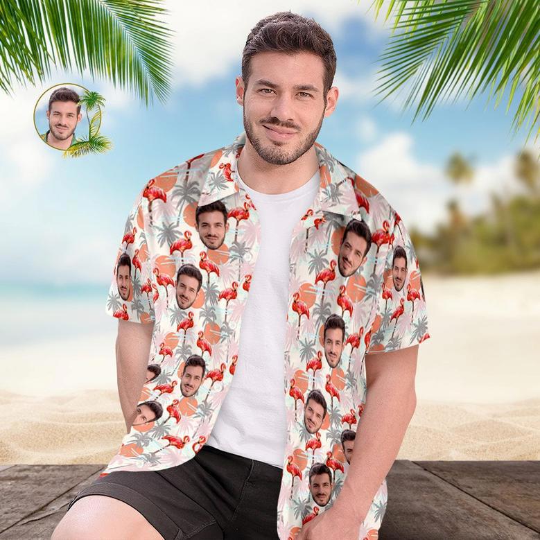 Custom Face Hawaiian Shirt For Him Personalized Men's Photo Shirt Flamingo Floral Valentine's Day Gift