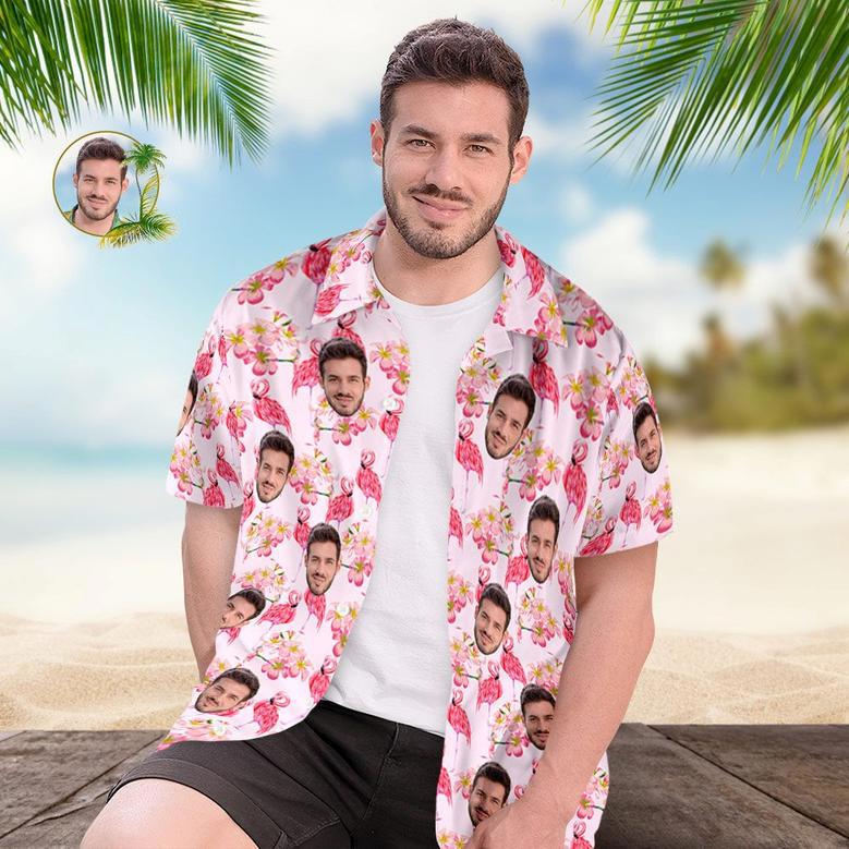 Custom Face Hawaiian Shirt For Him Personalized Men's Photo Shirt Pink Flamingo Valentine's Day Gift