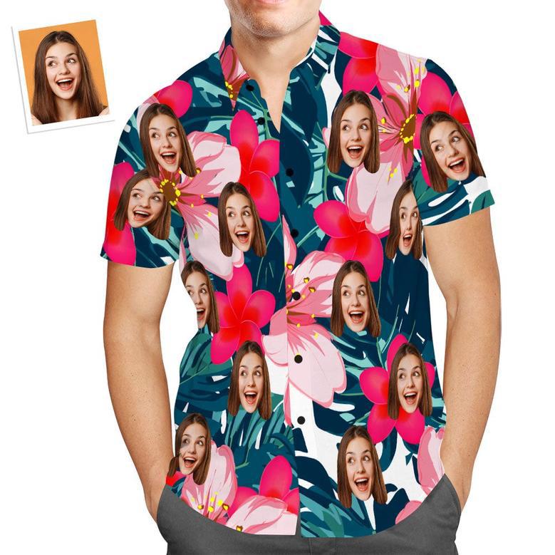 Custom Face Hawaiian Shirt Gradient Pink Flowers Beach Shirt Gift For Men