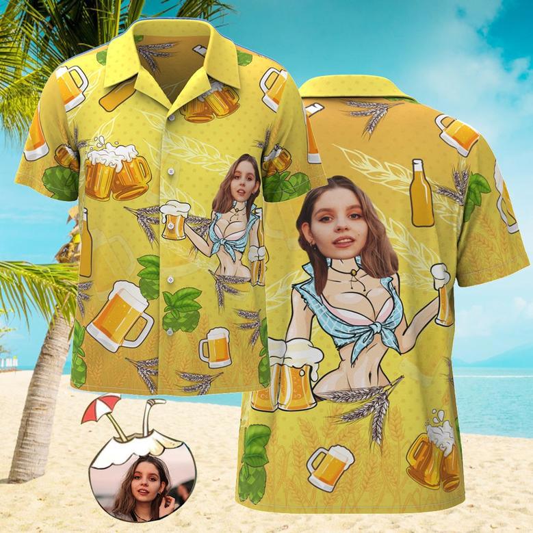 Custom Face Hawaiian Shirt Men's All Over Print Aloha Shirt Gift - Girl And Beer