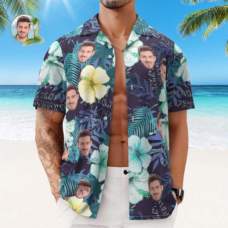 Custom Face Hawaiian Shirt Men's All Over Print Aloha Shirt Gift - Green Flowers