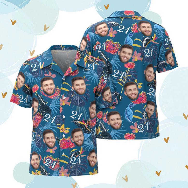 Custom Face Hawaiian Shirt Number And Face Hawaiian Shirt Dark Blue Sleeves And Pink Flowers