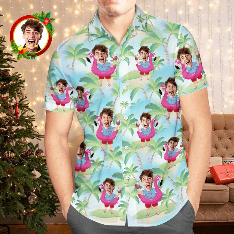 Custom Face Hawaiian Shirt Santa Claus With Flamingo Funny Aloha Men's Christmas Shirts