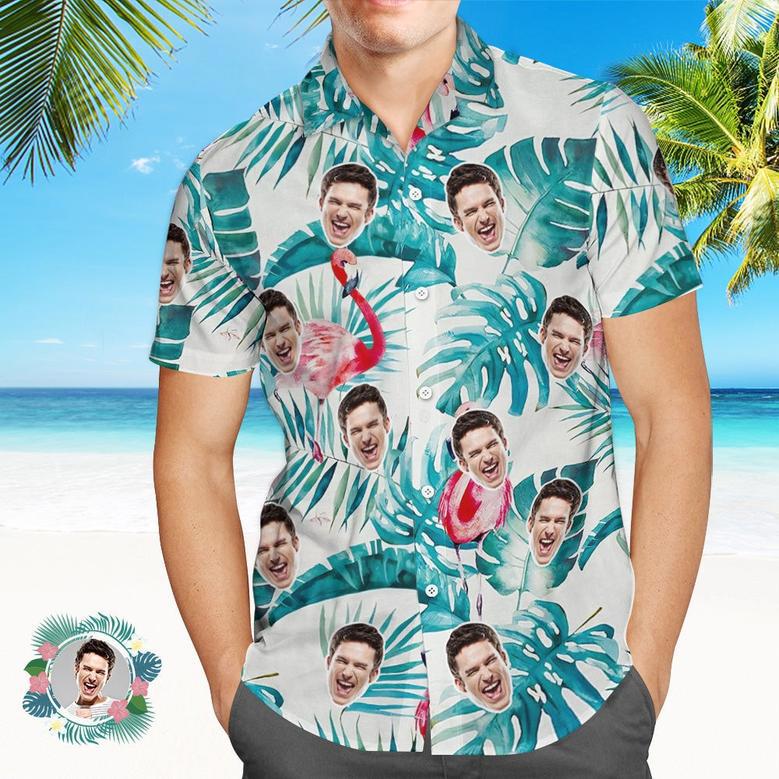 Custom Face Hawaiian Shirt Summer Flamingo Green Leaves Face Hawaiian Shirt