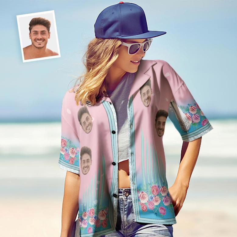 Custom Face Hawaiian Shirts Personalized Couple Floral Pink Holiday Beach Shirts Valentine's Day Gift