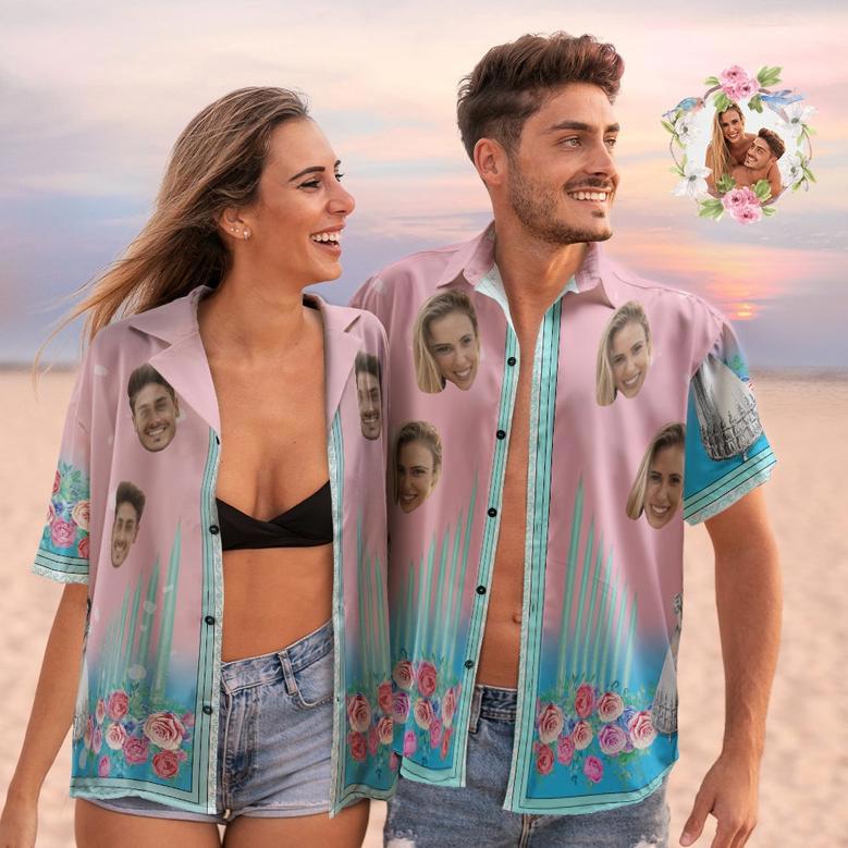 Custom Face Hawaiian Shirts Personalized Couple Floral Pink Holiday Beach Shirts Valentine's Day Gift