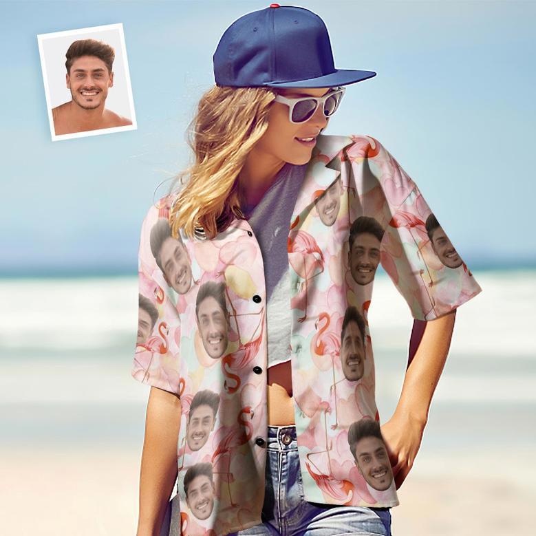 Custom Face Hawaiian Shirts Personalized Flamingo Couple Hawaiian Shirts Valentine's Day Gift