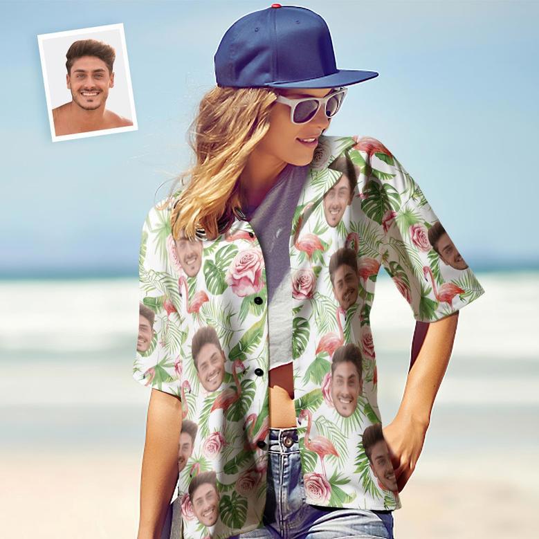 Custom Face Hawaiian Shirts Personalized Flamingo Shirts Couple Casual Short Sleeve Valentine's Day Gift