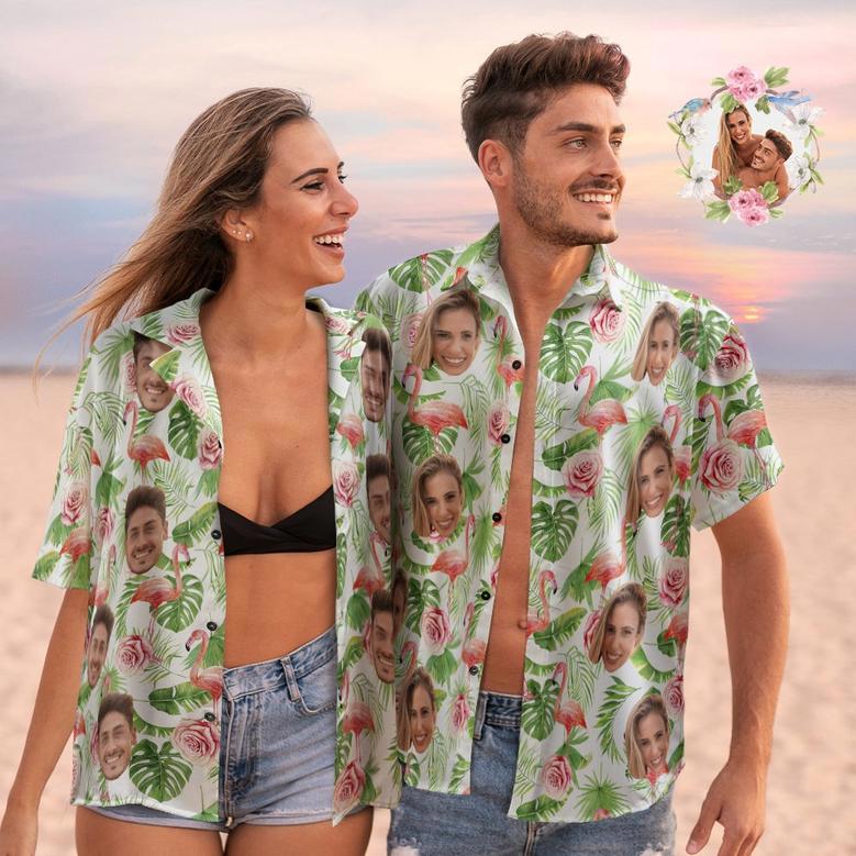 Custom Face Hawaiian Shirts Personalized Flamingo Shirts Couple Casual Short Sleeve Valentine's Day Gift