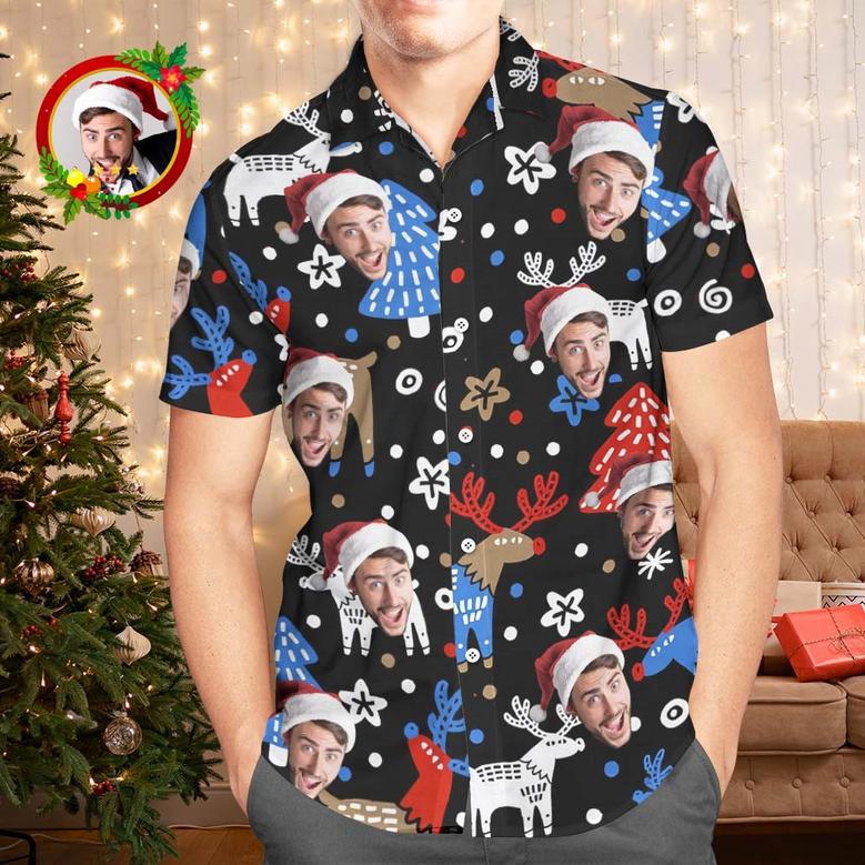 Custom Face Hawaiian Shirts Personalized Photo Gift Men's Christmas Shirts Christmas Reindeer