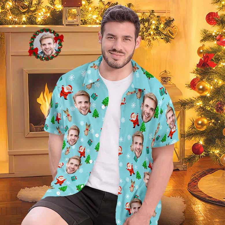 Custom Face Hawaiian Shirts Personalized Photo Gift Men's Christmas Shirts Cute Santa Claus And Reindeer