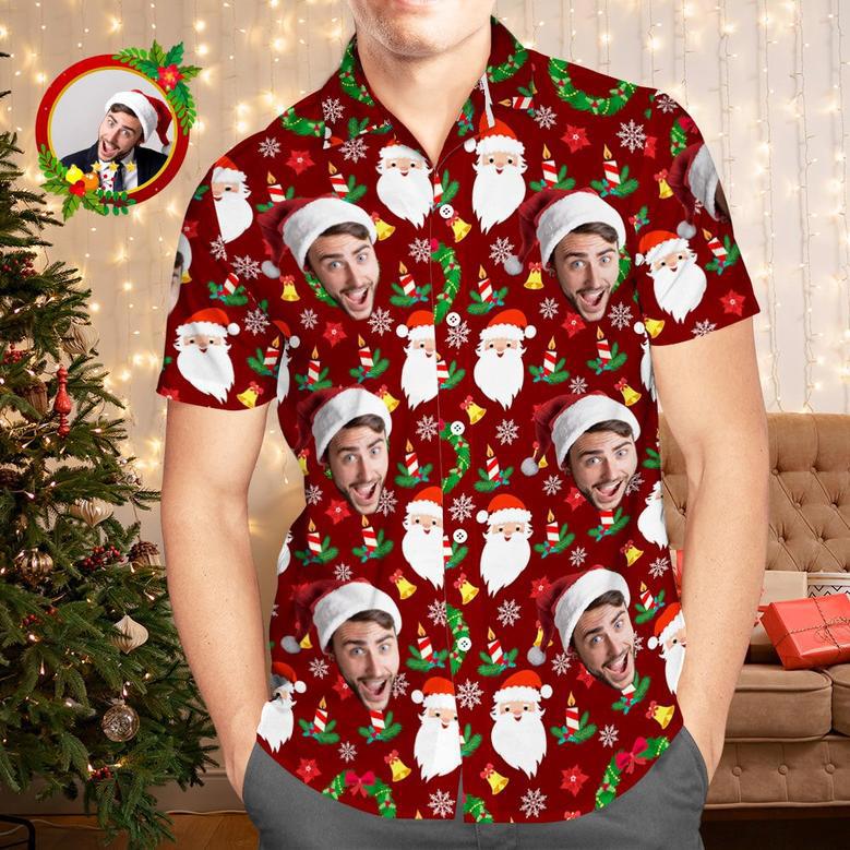 Custom Face Hawaiian Shirts Personalized Photo Gift Men's Christmas Shirts Merry Christmas Gift