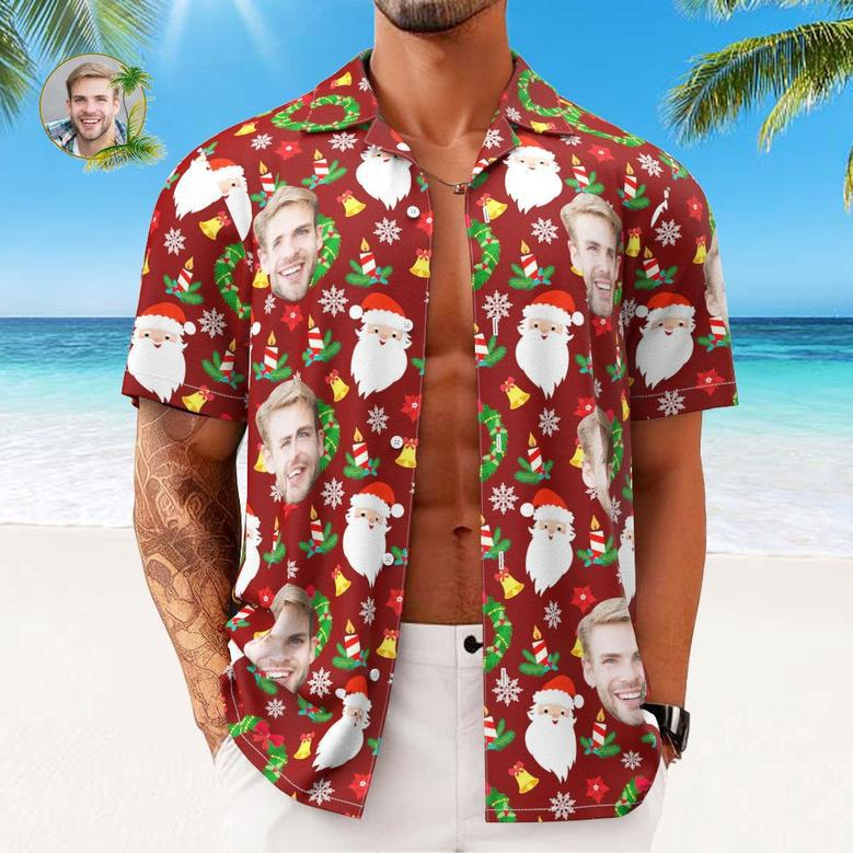 Custom Face Hawaiian Shirts Personalized Photo Gift Men's Christmas Shirts Merry Christmas Gift