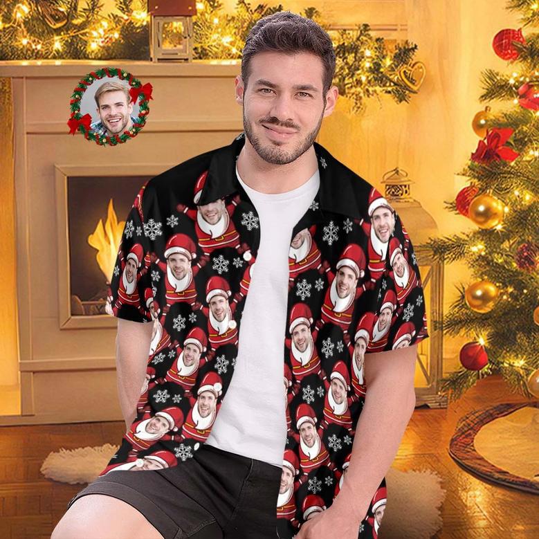 Custom Face Hawaiian Shirts Personalized Photo Gift Men's Christmas Shirts Santa Claus And Snowflake