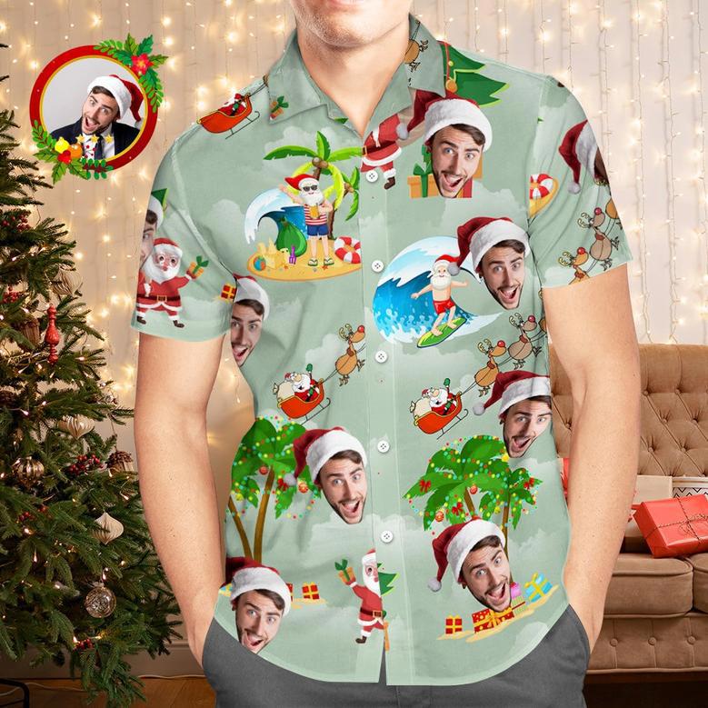 Custom Face Hawaiian Shirts Personalized Photo Gift Men's Christmas Shirts Surfing Vacation Santa