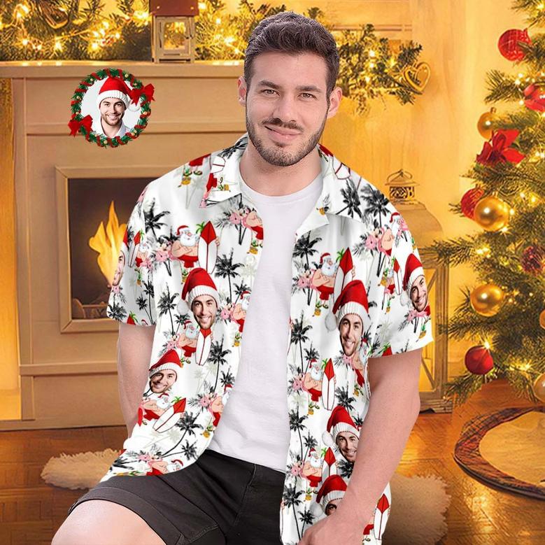 Custom Face Hawaiian Shirts Personalized Photo Gift Men's Christmas Shirts Vacation Santa And Flamingos