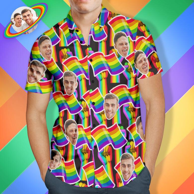 Custom Face Men Hawaiian Shirts Personalized Lgbtq Gay Pride Shirt - Rainbow Flag