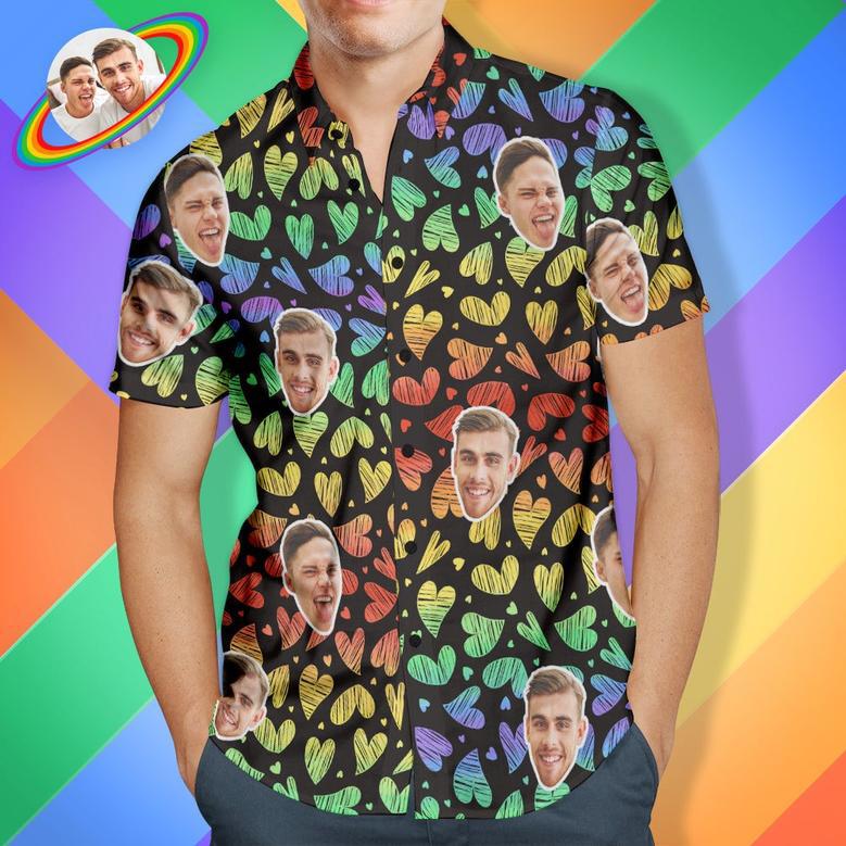 Custom Face Men Hawaiian Shirts Personalized Lgbtq Gay Pride Shirt - Rainbow Love