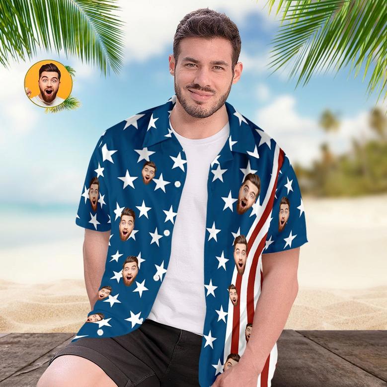 Custom Face Men's Hawaiian Shirts Of July American Flag Patriotic Independence Day Face Hawaiian Shirts