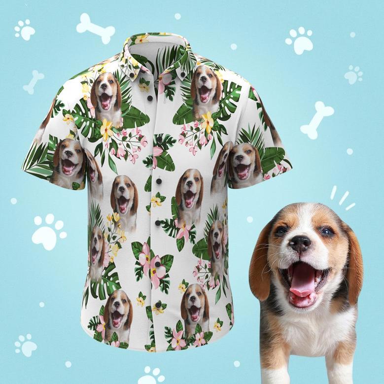 Custom Face Men's Hawaiian Shirts With Green Leaves For Pet Lover