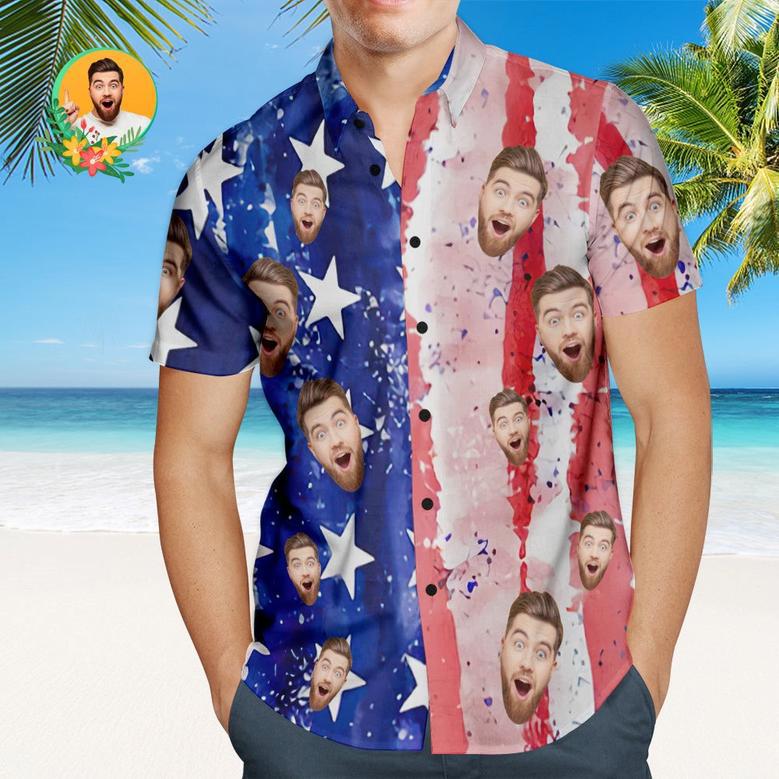 Custom Face Men's Patriotic Hawaiian Shirt Casual Breathable Short Sleeve Hawaiian Shirt